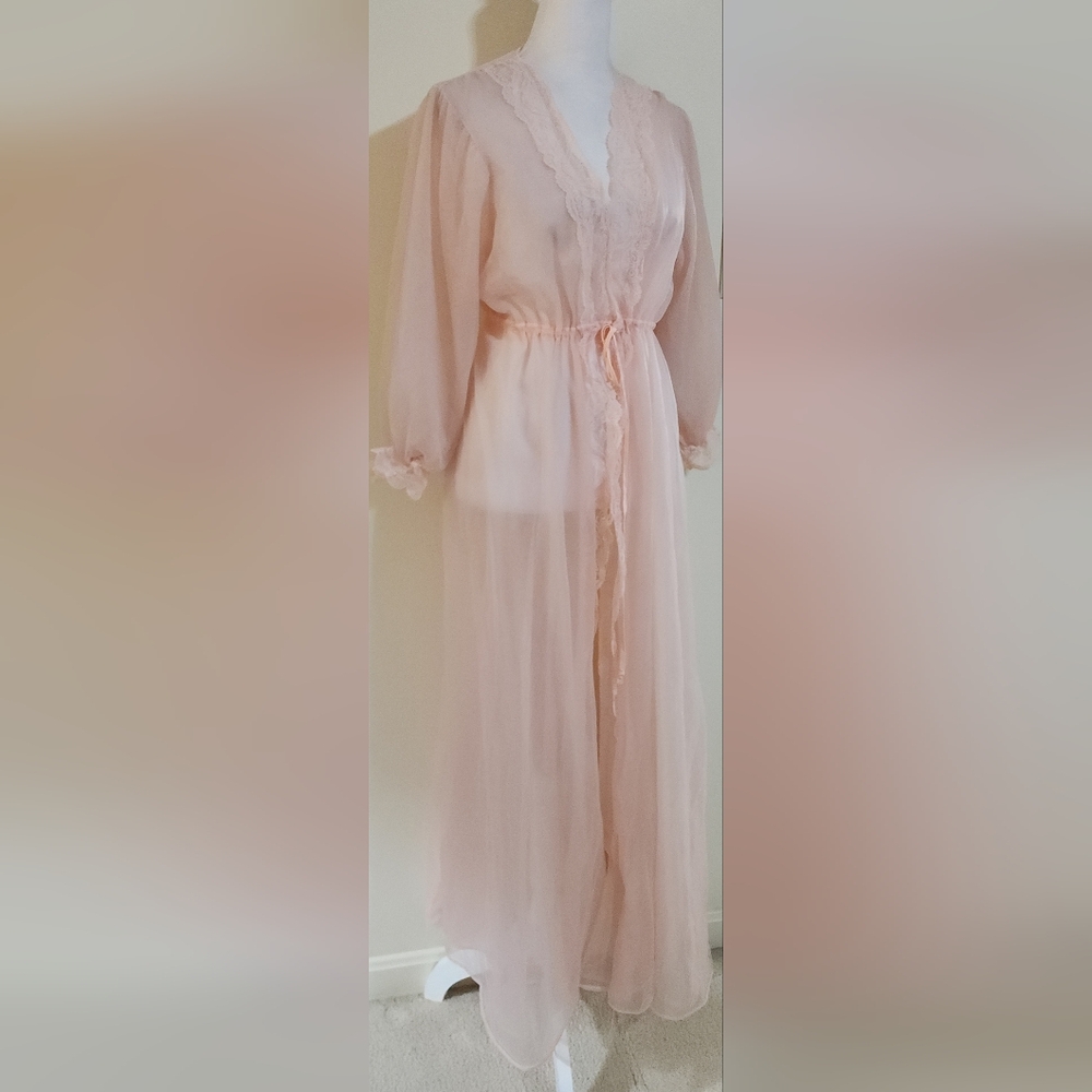 Vintage Elegant Pink Lace Trim Peignoir Robe Double Layer Nylon Large 38/40